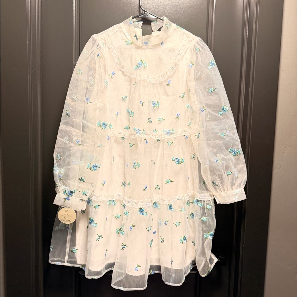 Sister Jane White Dress with Blue Floral Embroidery - Picture 2 of 7